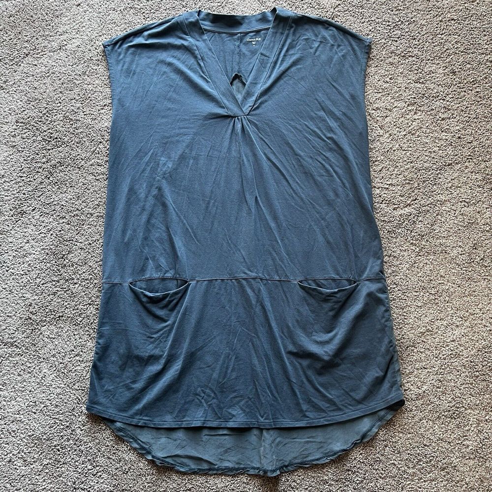Garnet Hill Blue Cotton Silk-Back Cap-Sleeve Tunic Top Blouse Pockets‎ Size M